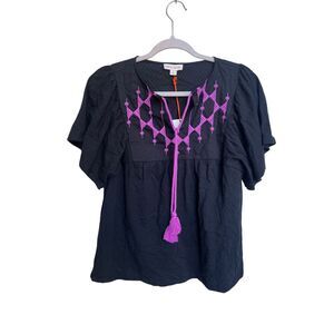 Knox Rose Top Blouse Womens Size XS Black Purple Embroidered Cotton Peasant Boho